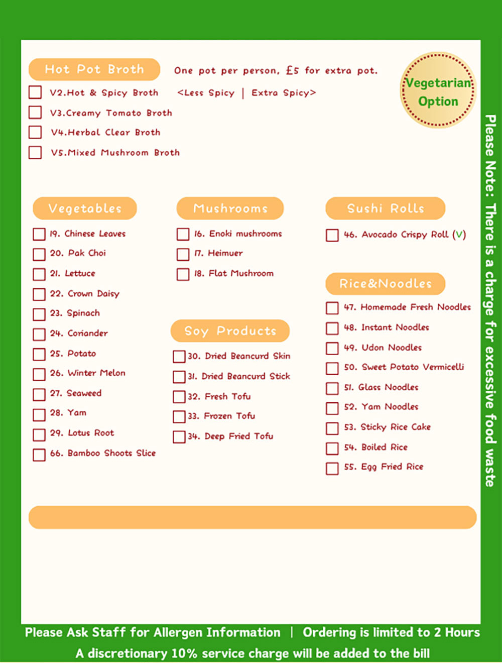 Hot Pot Vegetarian Menu